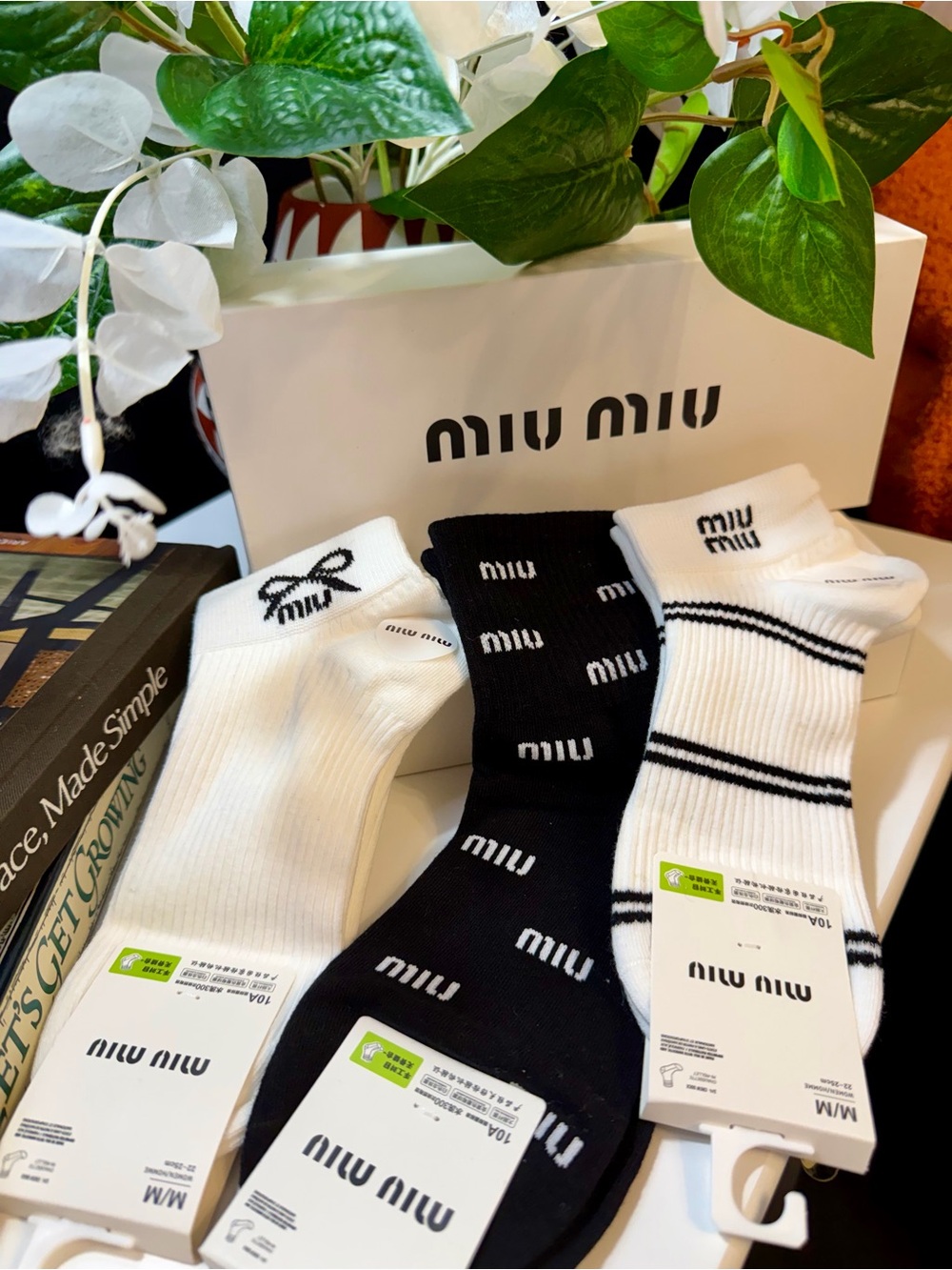 Miu Miu Black & White Three-Pack Ribbed Casual Socks
